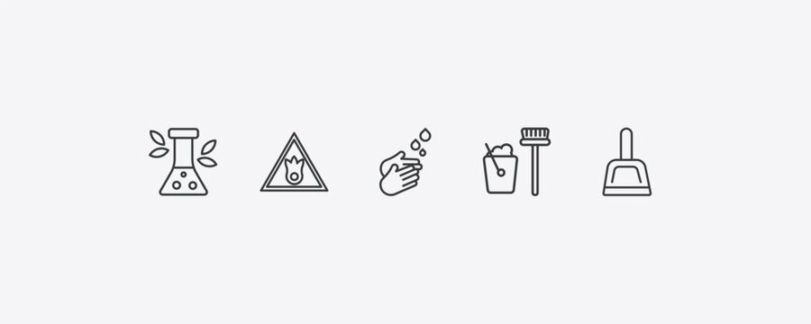 cleaning outline icon set. thin line preservatives, oxidizing agent, dustpan cleanin, dust pan icons. editable vector