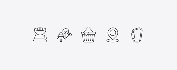 Obraz premium camping outline icon set. thin line grill, trees, location, carabiner icons. editable vector