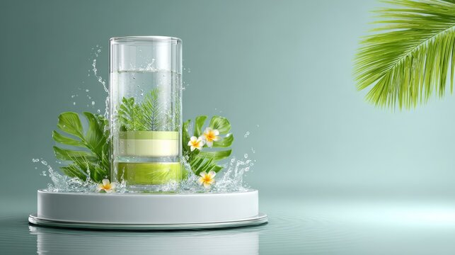 77.Tropical cosmetic showcase with cylindrical platform, transparent water splash, green palm foliage, seasonal sale and beauty spa concept