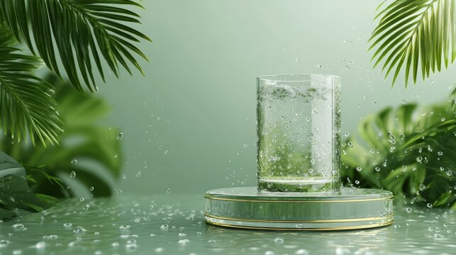 77.Tropical cosmetic showcase with cylindrical platform, transparent water splash, green palm foliage, seasonal sale and beauty spa concept