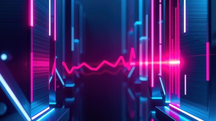 Obraz premium Futuristic digital corridor. Neon lights create vibrant lines, shapes. Dark background emphasizes glowing structures, data streams.