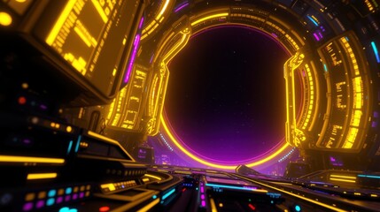Obraz premium Futuristic tunnel glows brightly. Neon lights illuminate sleek vehicles speeding toward portal. Dark space visible beyond ring structure.