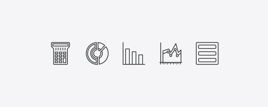 business outline icon set. thin line calculator maths tool, data circular chart, spike chart, basic burger icons. editable vector
