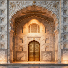 Obraz premium Ornate Indian Heritage Arches and Palace Doorways in Beige Tones, Wedding invitation backgrounds, oyal Indian Architecture Frames with Intricate Arch Details