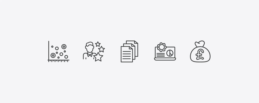 business outline icon set. thin line scatter chart, expert, laptop analysis, pounds money bag icons. editable vector