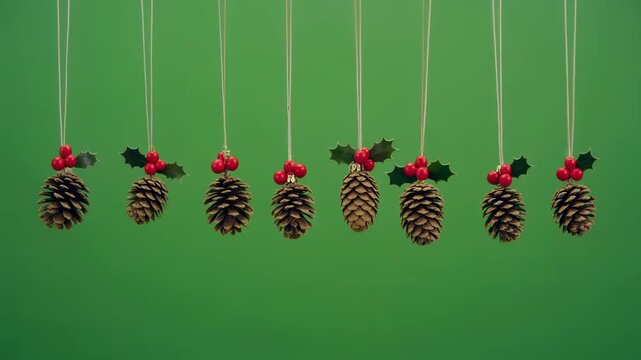 A row of nine pine cone Christmas ornaments with holly and red berries hanging against a green screen chroma key background.