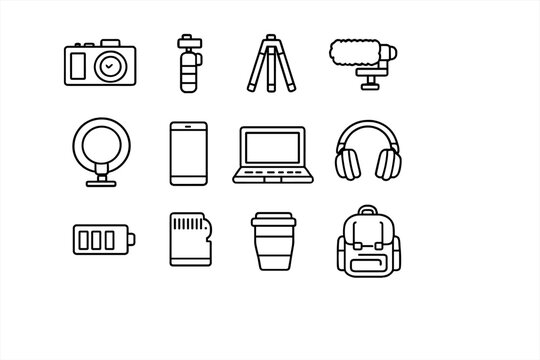 Vlog Gear Icons. Daily vlog home setup. Line outline icon set of Daily vlog home setup: camera, handheld grip,