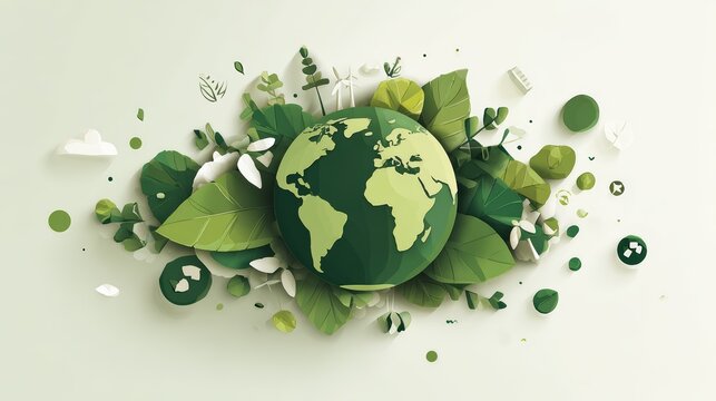 32.Modern geometric vector illustration of planet Earth surrounded by leaves, recycling symbols, renewable energy icons, green and zero waste elements, clean flat design, eco friendly color palette,