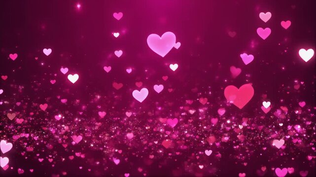Vibrant pink and fuchsia hearts floating with sparkling glitter on a dark magenta background, creating a romantic and festive atmosphere. Romantic valentine video background.