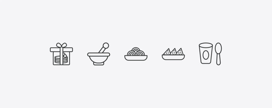 bistro and restaurant outline icon set. thin line cake box, mortar with e, nachos plate, yogurt with spoon icons. editable vector