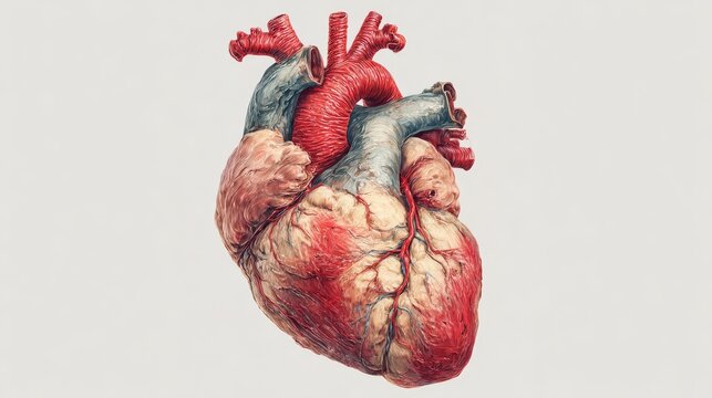 54.Medical illustration of a real human heart with high anatomical precision, realistic shading and structure, isolated composition
