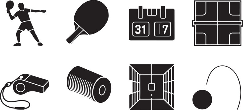 Table tennis and sports equipment icons set in solid style with ping pong on white background
