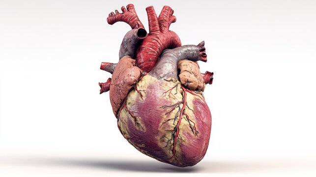54.Medical illustration of a real human heart with high anatomical precision, realistic shading and structure, isolated composition