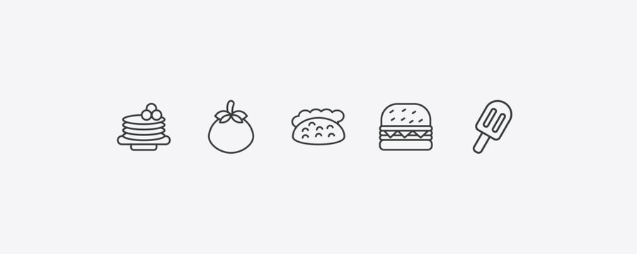 bistro and restaurant outline icon set. thin line crepe and cream, fresh tomato, complete hamburger, ice pop icons. editable vector
