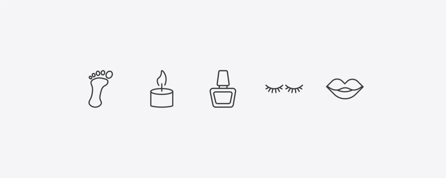 beauty outline icon set. thin line one foot, one candle, two eyelashes, woman lips icons. editable vector