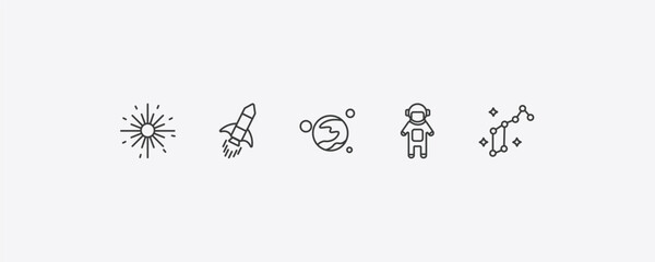 astronomy outline icon set. thin line big bang, rocket ship, spaceman, lyra constellation icons. editable vector © Farahim