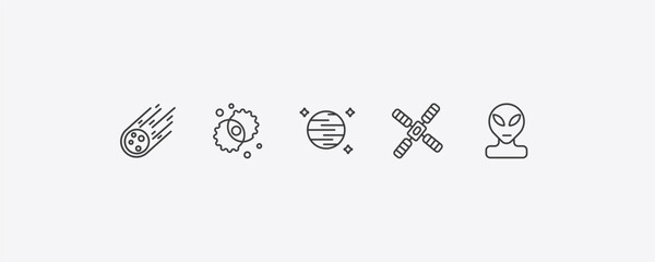 astronomy outline icon set. thin line meteorite falling, nebula, big satellite, alien icons. editable vector © Farahim