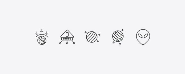 astronomy outline icon set. thin line aerosphere, lander, jupiter with satellite, extraterrestial head icons. editable vector © Farahim