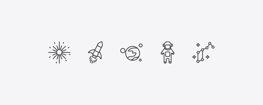 astronomy outline icon set. thin line big bang, rocket ship, spaceman, lyra constellation icons. editable vector