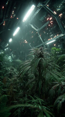 Fototapeta premium Young cannabis plant under indoor grow lights