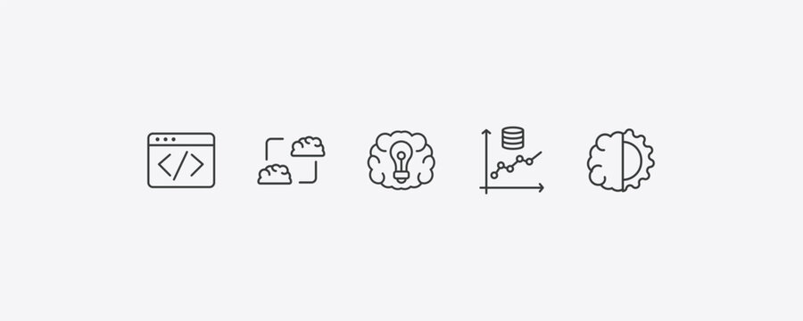 artificial intellegence outline icon set. thin line code, mind transfer, prediction, deformity icons. editable vector