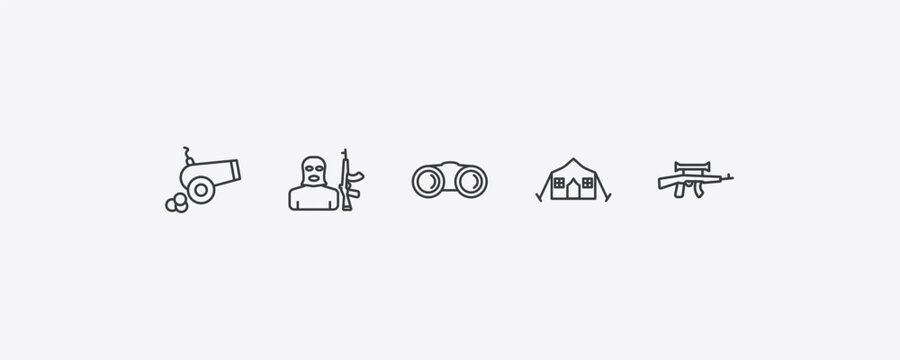 army and war outline icon set. thin line artillery, terrorist, militar tent, assault icons. editable vector