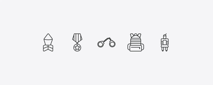 army and war outline icon set. thin line depth charge, condecoration, army backpack, icons. editable vector