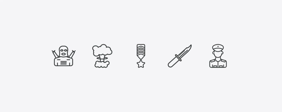 army and war outline icon set. thin line guerrilla, bomb detonation, military knife, lieutenant icons. editable vector
