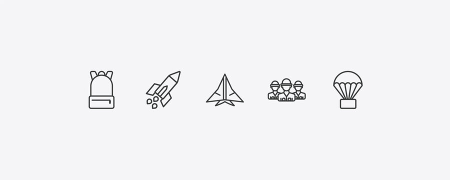 army and war outline icon set. thin line backpack, missile, brigade, parachute icons. editable vector