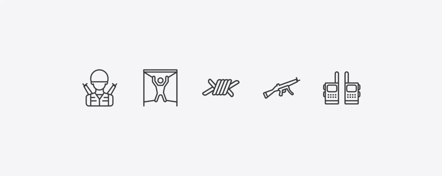 army and war outline icon set. thin line soldier, torture, automatic gun, two way radio icons. editable vector