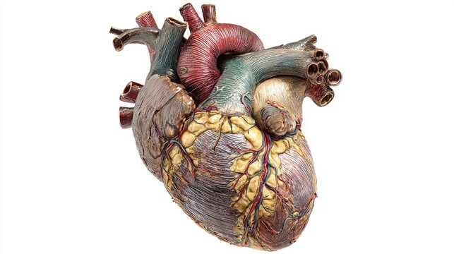 50.Detailed realistic illustration of a human heart showing anatomical structure, rich color tones, visible vessels and textures, medical and educational artwork