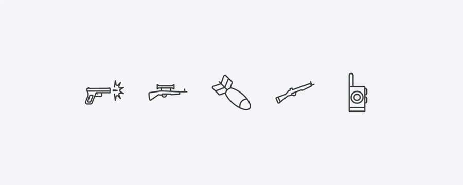 army and war outline icon set. thin line gun shooting, sniper rifle, bayonet on rifle, walkie talkie icons. editable vector