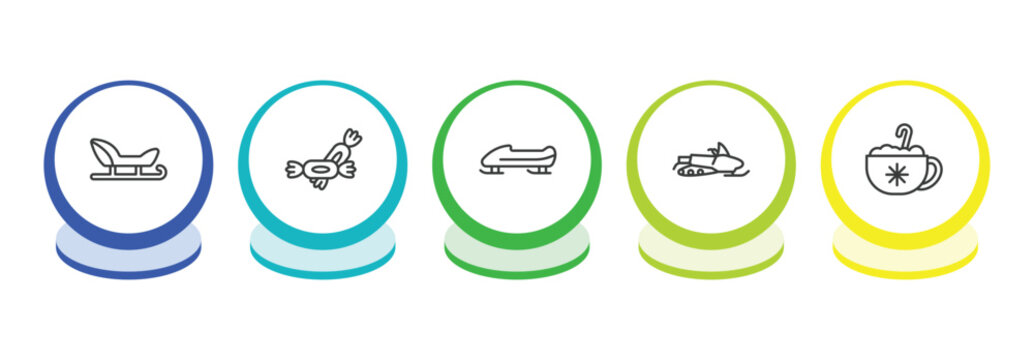 winter outline icon set. thin line sledge, candy, bobsled, snowmobile icons. editable vector