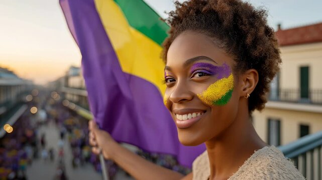 African american woman waving flag during Mardi Gras parade. Girl with painted face celebrating street festival. Cheerful participant at colorful city carnival event.