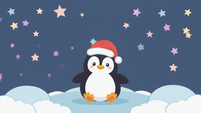 A cute cartoon penguin wearing a Santa hat sits on an icy surface under a starry night sky.