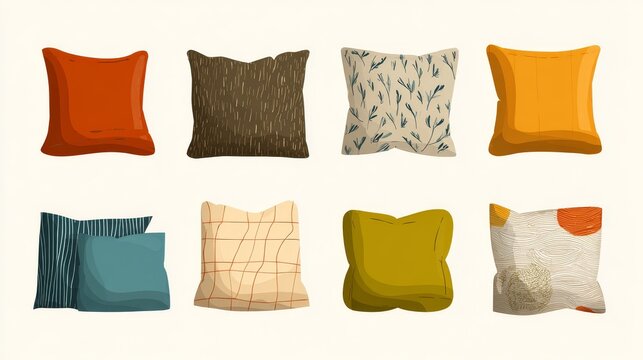 7.Concept = Textile pillows vector set. Home interior decor pillow, sofa feathered cushion, cozy pillows flat vector illustration collection