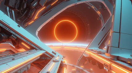 Obraz premium Futuristic corridor glows with orange light. Geometric shapes create depth, hinting at advanced technology, speed, travel.