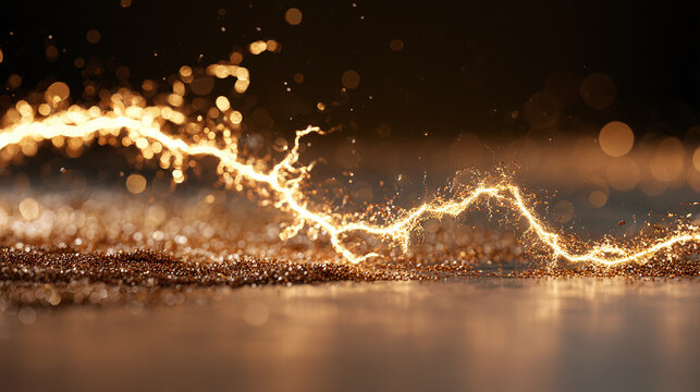 Golden sand or glitter in the shape of lightning bolt or neuron, neural node, with a bokeh effect. Abstract 3d illustration.