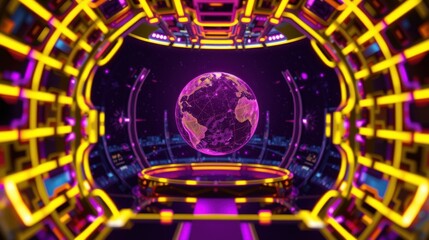 Obraz premium Futuristic tunnel surrounds glowing Earth. Neon lights create vibrant, symmetrical perspective. Digital world presentation.