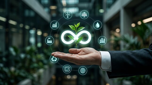 Businessman's hand holding an infinity loop symbol with a sprout and circular icons representing sustainability, environment, and industry innovations.