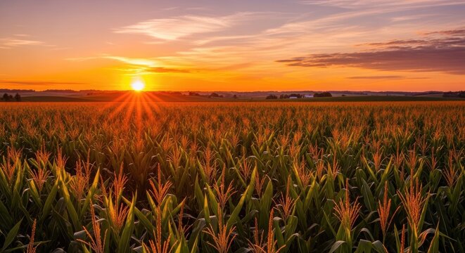 A vibrant cornfield bathed in the warm hues of a setting sun, with the sun's rays dancing across the golden stalks, casting long shadows and highlighting the intricate patterns of the corn husks.