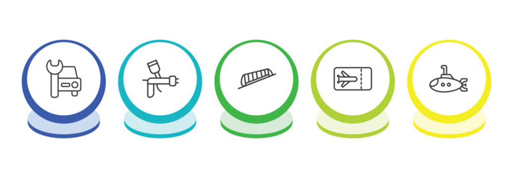 transportation outline icon set. thin line car repair, car painting, funicular railway, plane tickets icons. editable vector
