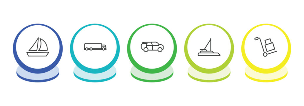 transport outline icon set. thin line sailing boat with veils, truck, eco-friendly transport, catamaran icons. editable vector
