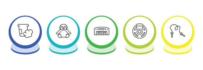 toys outline icon set. thin line dough toy, penguin toy, piano toy, steering wheel icons. editable vector © Farahim