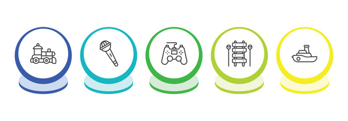 toys outline icon set. thin line train toy, microphone toy, gamepad toy, xylophone icons. editable vector © Farahim