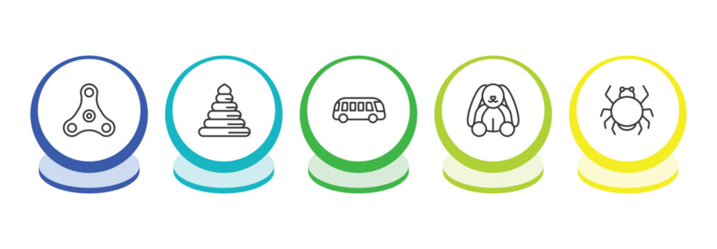 toys outline icon set. thin line spinner toy, circle toy, bus toy, bunny icons. editable vector