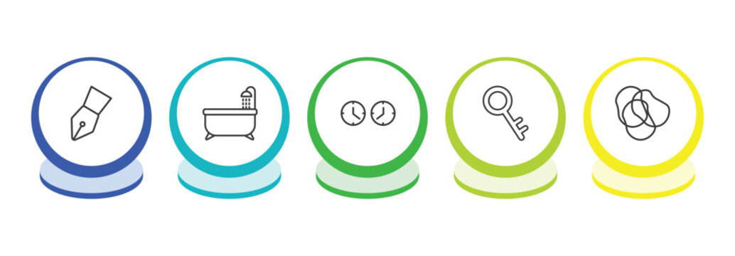 tools and utensils outline icon set. thin line ink pen, bath tub, clocks, tiny key icons. editable vector