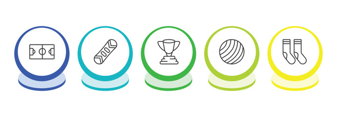 sports outline icon set. thin line soccer field, snowboard, champion, gym ball icons. editable vector © Farahim