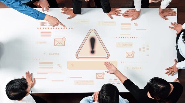 A group of diverse professionals gathers around a table, focused on a digital warning sign, highlighting the importance of data security and teamwork in modern workplaces. Raster