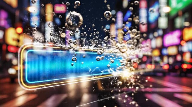 A futuristic blue rectangle with gold trim explodes in a cityscape at night